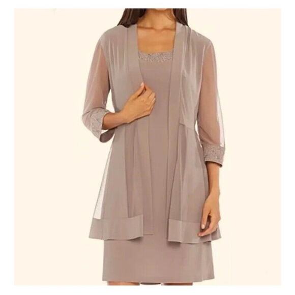 R&M Collection Women's Size 10 Formal Dress And Jacket Set Sequin Lace Tan Beige - Picture 1 of 16